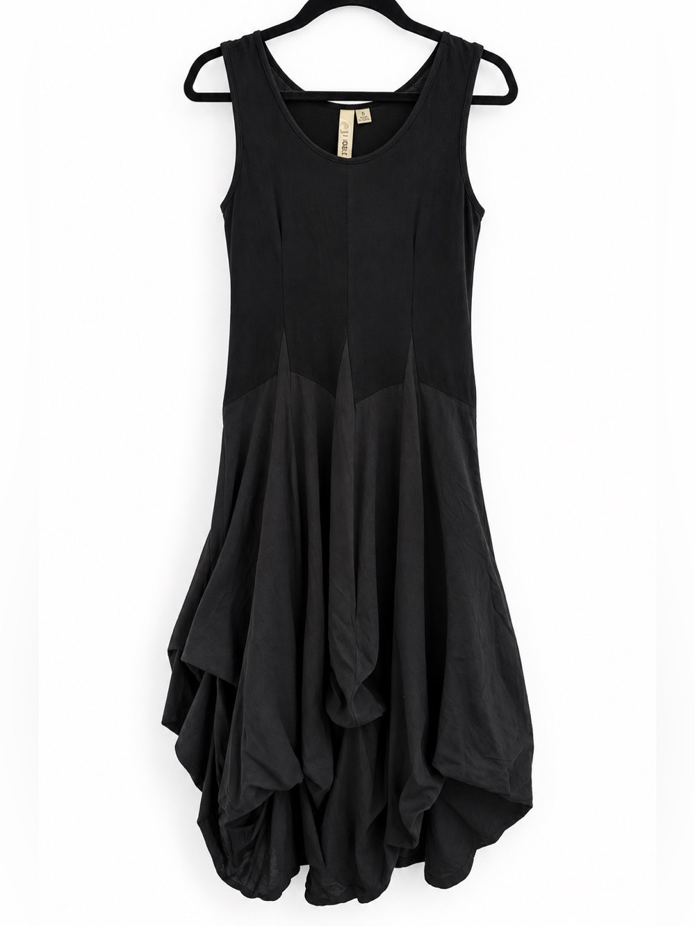 Comfy USA Black Draped Bubble Hem Midi Maxi Dress S Made in USA Lagenlook
